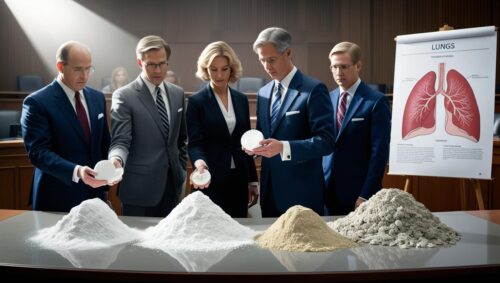 Lawyers with chart of the lungs show piles of talc and asbestos powders in court.
