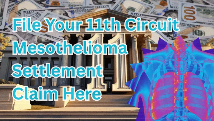 File Your 11th Circuit Mesothelioma Settlement Claim Here text on depiction of Eleventh Circuit court with cancerous lungs and high value cash backdrop.