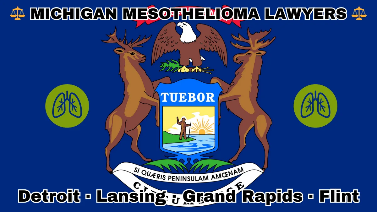 MICHIGAN MESOTHELIOMA LAWYERS: Detroit, Lansing, Grand Rapids, and Flint text on MI state flag with lungs depicted near an elk, moose and bald eagle flanking a shield featuring a man standing on a sunny lake with a raised hand and rifle.