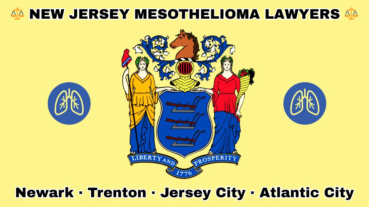 NEW JERSEY MESOTHELIOMA LAWYERS: Newark, Trenton, Jersey City, and Atlantic City text on NJ state flag with lungs depicted near a shield with three plows, the goddesses Liberty and Ceres, and a horse head.