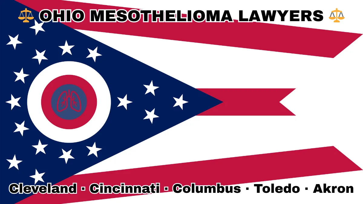 OHIO MESOTHELIOMA LAWYERS: Cleveland, Cincinnati, Columbus, Toledo, and Akron text on OH state flag with lungs depicted near a triangular swallowtail with red, white, and blue stripes and stars.