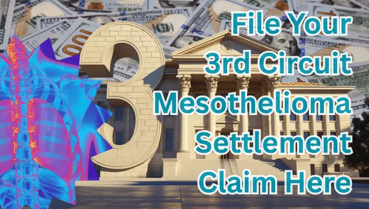 File Your 3rd Circuit Mesothelioma Settlement Claim Here text on depiction of Third Circuit court with cancerous lungs and high value cash backdrop.