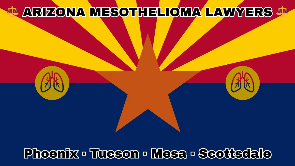 ARIZONA MESOTHELIOMA LAWYERS: Phoenix, Tucson, Mesa, and Scottsdale text on AZ state flag with lungs depicted near red and yellow rays with a copper star above a blue field