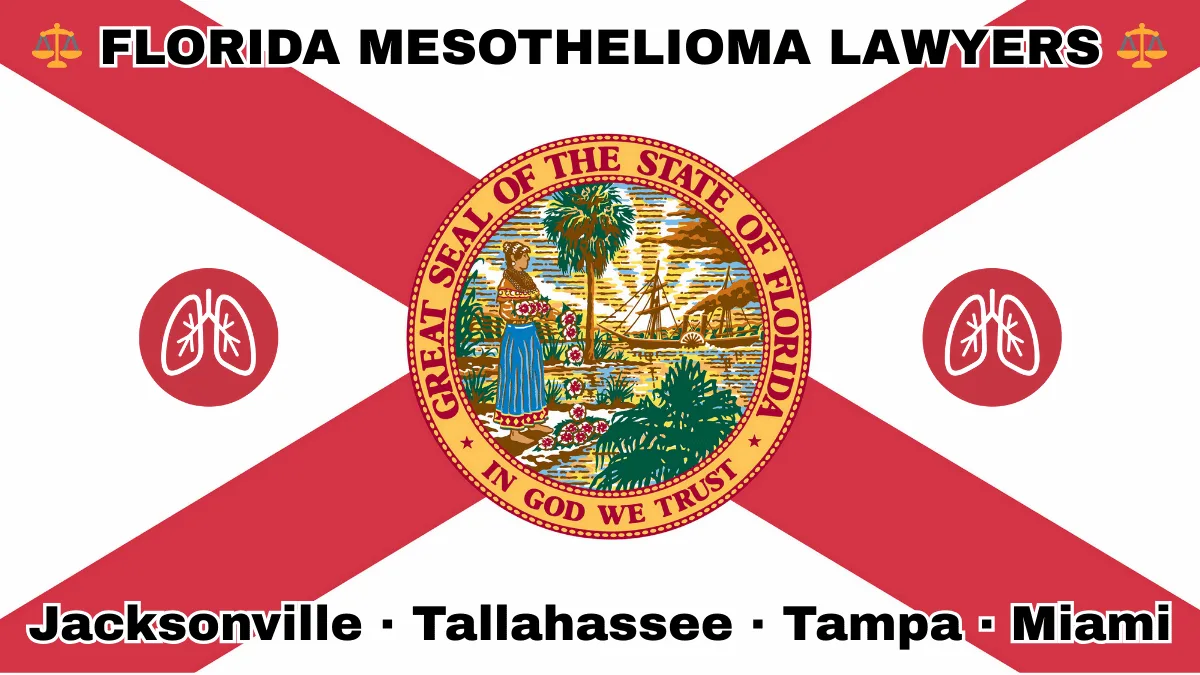 FLORIDA MESOTHELIOMA LAWYERS: Jacksonville, Tallahassee, Tampa, and Miami text on FL state flag with lungs depicted near a red cross and SEAL of a Seminole woman scattering flowers by a shoreline with a boat, palm trees, and sunlight.