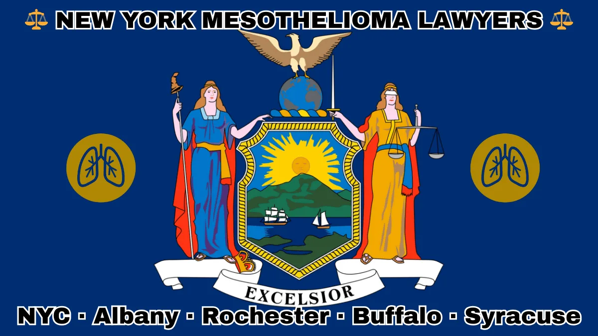 NEW YORK MESOTHELIOMA LAWYERS: NYC, Albany, Rochester, Buffalo, and Syracuse text on NY state flag with lungs depicted near Liberty and Justice holding a sword and scales, an eagle atop a globe, and a shield featuring the sun shining over the mountains onto Hudson River boaters.